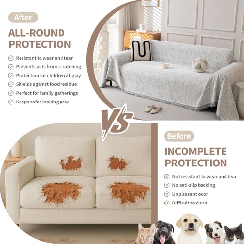 KaviKon Boho Chenille Couch Cover for Dogs, Non Slip Sofa Cover, Couch Slipcover Covers for 3 Cushion, Furniture Protector with Tassels for Pets Washable, 71"x118", Speckled Grey - Image 4
