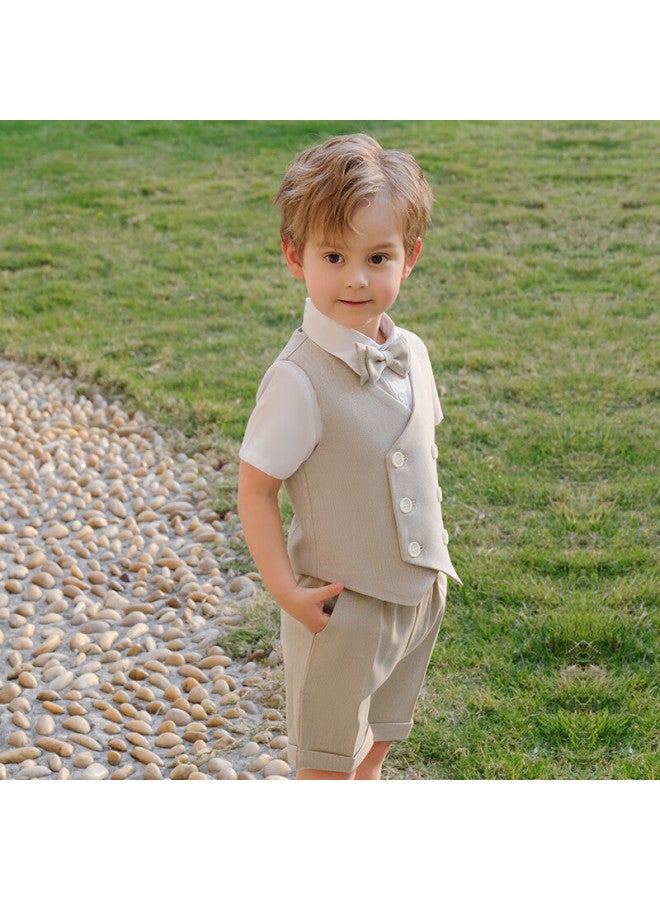 Luobobeibei Children's Suit, Korean-style Vest And Shorts Set, Boys' Children's Day Performance Outfit, Khaki Four-piece Set, Size 120 - Image 3