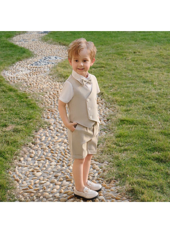 Luobobeibei Children's Suit, Korean-style Vest And Shorts Set, Boys' Children's Day Performance Outfit, Khaki Four-piece Set, Size 120 - Image 4