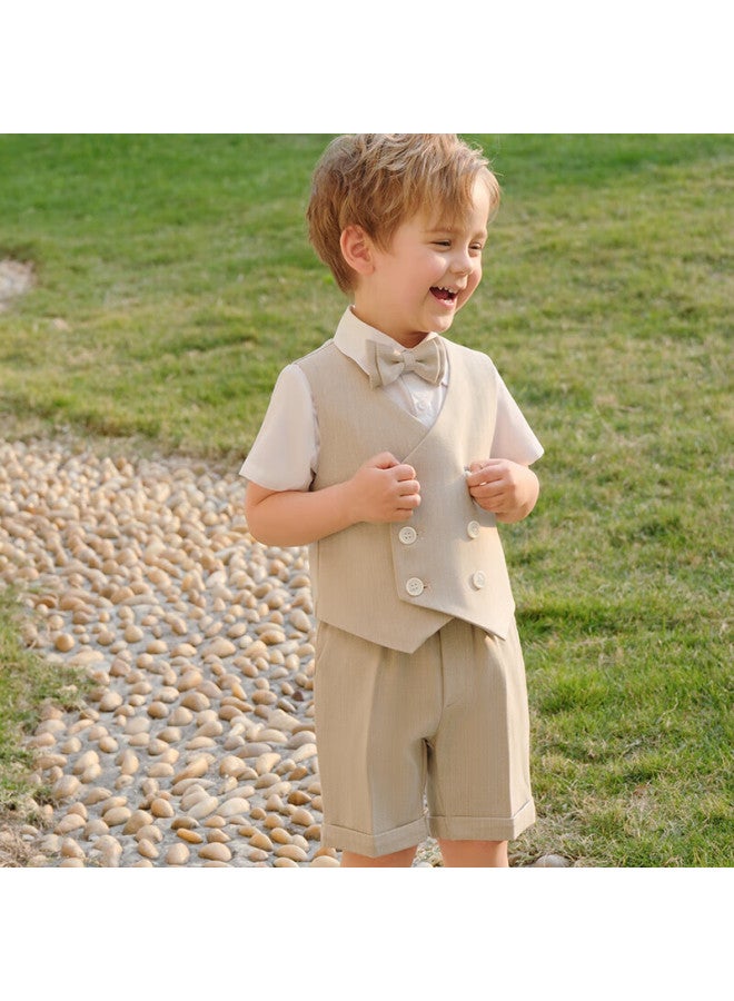 Luobobeibei Children's Suit, Korean-style Vest And Shorts Set, Boys' Children's Day Performance Outfit, Khaki Four-piece Set, Size 120 - Image 1