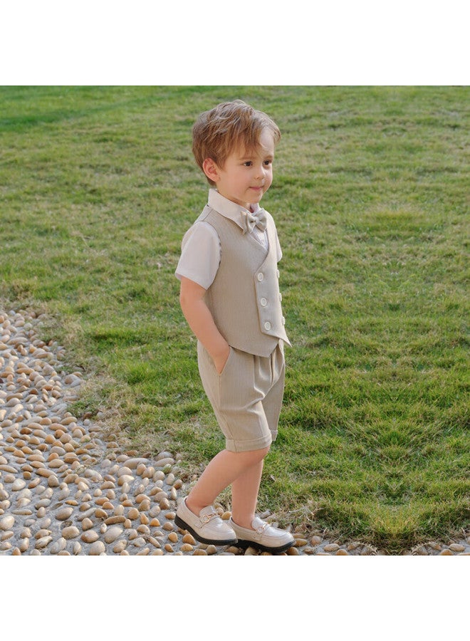 Luobobeibei Children's Suit, Korean-style Vest And Shorts Set, Boys' Children's Day Performance Outfit, Khaki Four-piece Set, Size 120 - Image 2