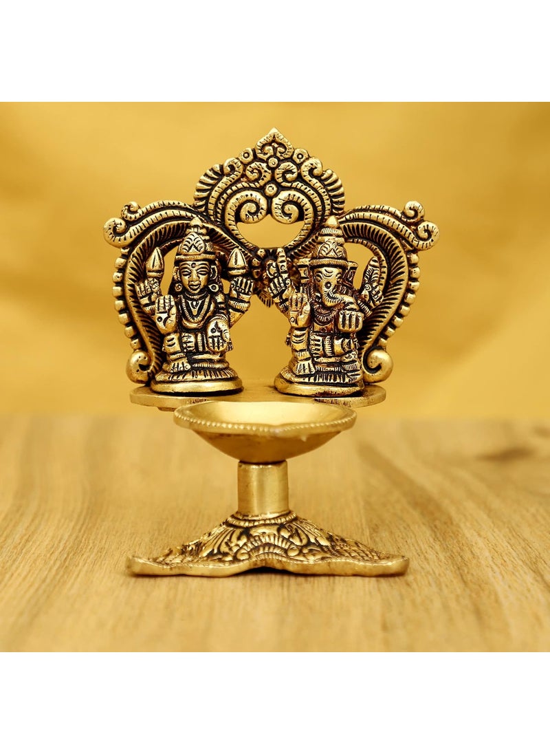 Jaszz Art Jaszz Art Brass Lakshmi Ganesh Ji Diya 5 inches and 650g Ethnic Design Handmade Curved Oil Wick Antique Kuber Deepak Lamp for Home Decor Temple Puja Office Counter Diwali Decoration Festival Gift 