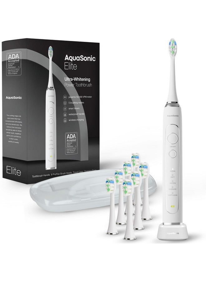 Aquasonic Aquasonic Elite Ultra-Whitening Toothbrush - ADA Accepted Power Toothbrush - 8 Proflex Brush Heads & Travel Case - 50,000 VPM Motor & Wireless Charging - 5 Modes w Smart Timer (White) - Image 1