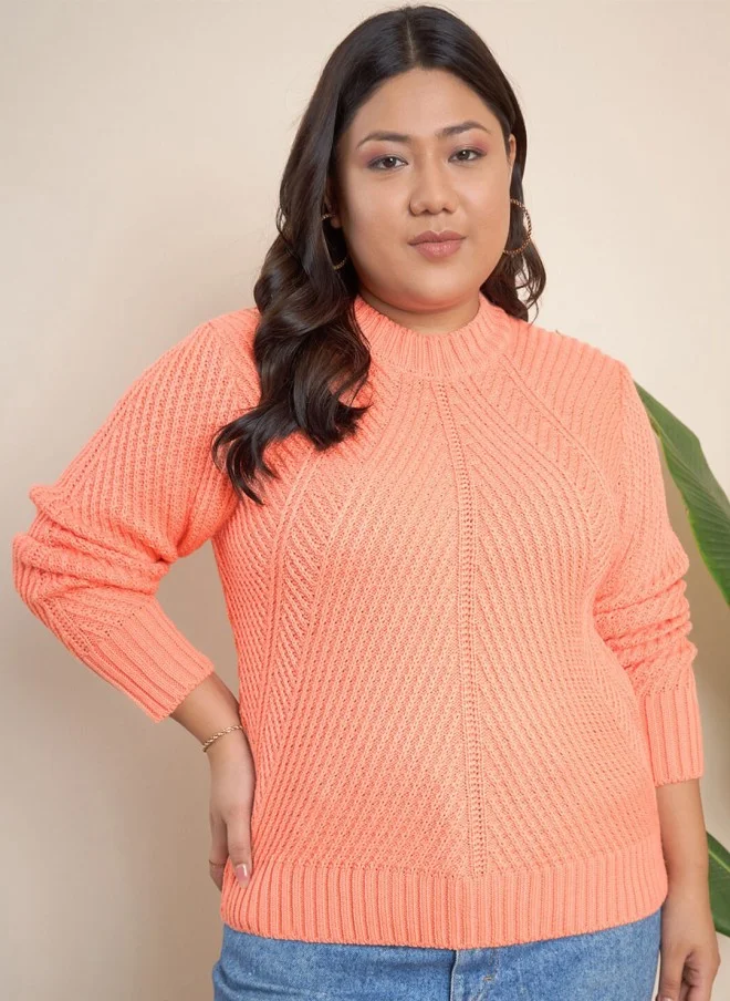 CURVY STREET Peach Geometric Self Design Pullover for Women