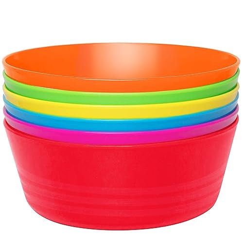 PLASKIDY Plastic Toddler Bowls Set of 6  10 Oz Kids Bowls Microwave  Dishwasher Safe BPA Free Brightly Colored Great for Cereal Soup Snack Fruit or Salad