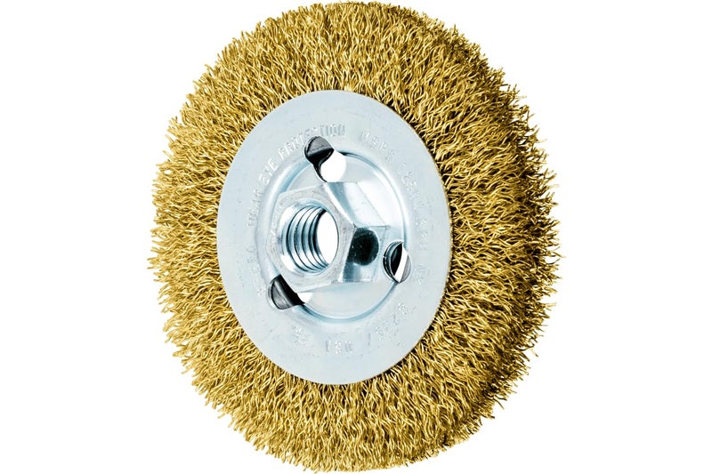 PFERD Crimped Wheel Brush - Brass Wire, 4" Diameter, 5/8-11 Thread, 0.012 Wire Size, 11/16" Trim Length, 1/2" Face Width, 12500 RPM - Ideal for Surface Preparation and Finishing - Part 82367 - Image 5