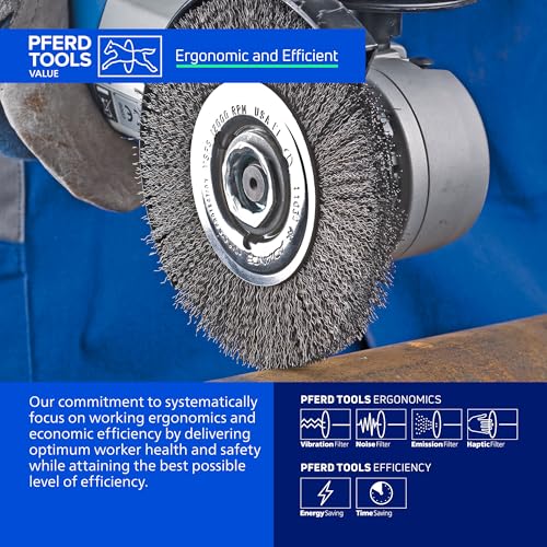 PFERD Crimped Wheel Brush - Brass Wire, 4" Diameter, 5/8-11 Thread, 0.012 Wire Size, 11/16" Trim Length, 1/2" Face Width, 12500 RPM - Ideal for Surface Preparation and Finishing - Part 82367 - Image 2