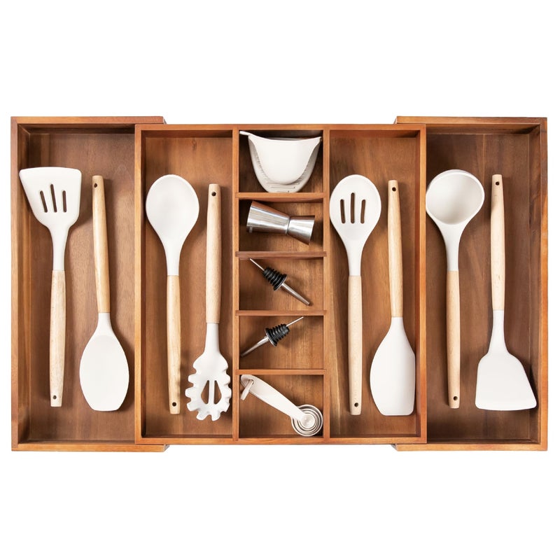 KitchenEdge Adjustable Kitchen Drawer Organizer for Utensils and Junk FoodSafe Contract Grade with 100 Sustainable Wood NonSlip Expandable from 16 to 28 Wide Natural Acacia