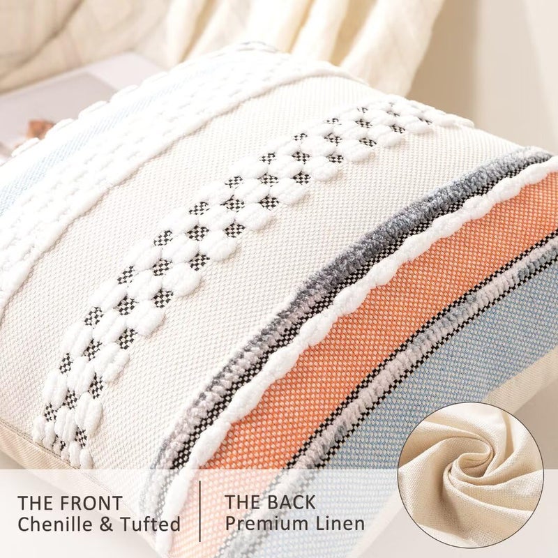 WANLIRD Boho Throw Pillow Covers 18x18 Set of 2 Farmhouse Decorative Cushion Case Striped Square Pillows Cover Chenille Pillow Cases Accent Neutral Pillowcase for Sofa Couch Bed,Orange-Blue - Image 2