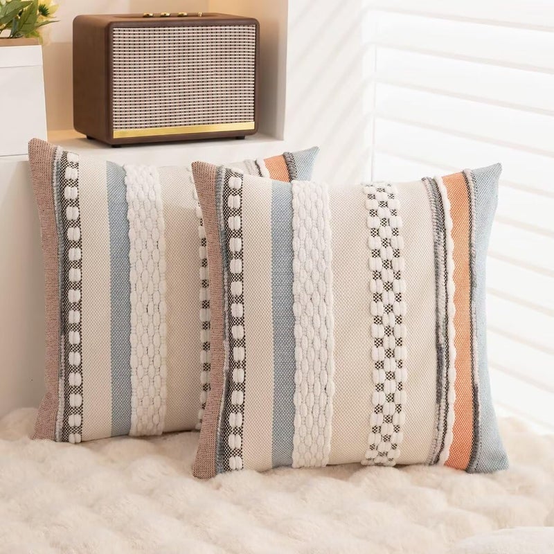 WANLIRD Boho Throw Pillow Covers 18x18 Set of 2 Farmhouse Decorative Cushion Case Striped Square Pillows Cover Chenille Pillow Cases Accent Neutral Pillowcase for Sofa Couch Bed,Orange-Blue - Image 4