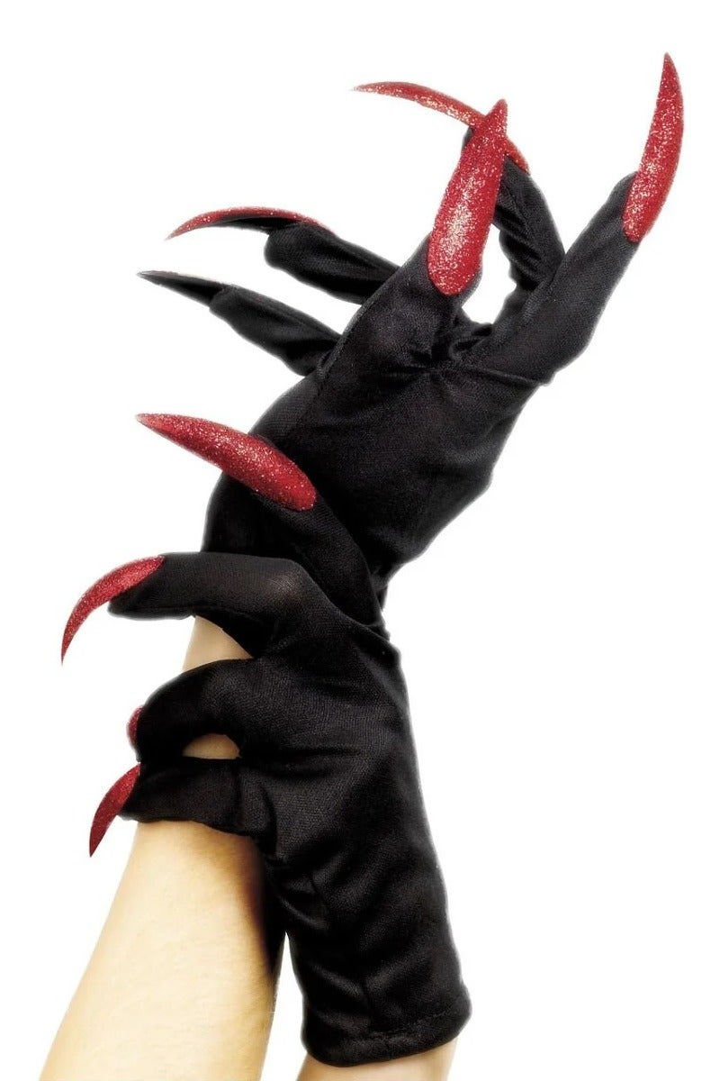 Smiffys Halloween gloves black with glitter red nails