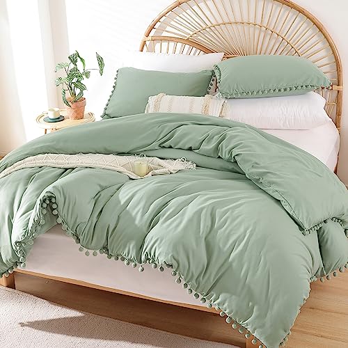 YIRDDEO Queen Comforter Set  Comforter Queen Size Sets with Ball Pom Fringe Soft Bedding Set for All Seasons  3 Pieces 1 Comforter 90x90  2 Pillow Shams 20x26 Sage Green