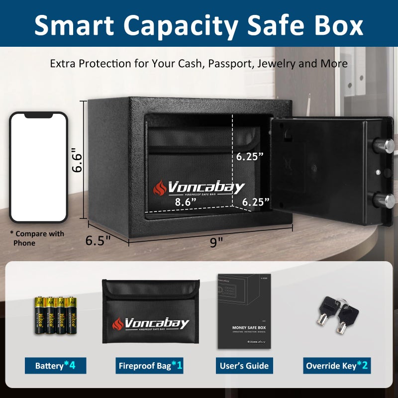 Voncabay Money Safe Box for Home with Sensor Light & Fireproof Money Bag - 0.23 Cubic Feet Security Safe Box with Digital Keypad, Keys & Pass Code Lock, 9.05" W x 6.69" D x 6.69" H, Black - Image 2