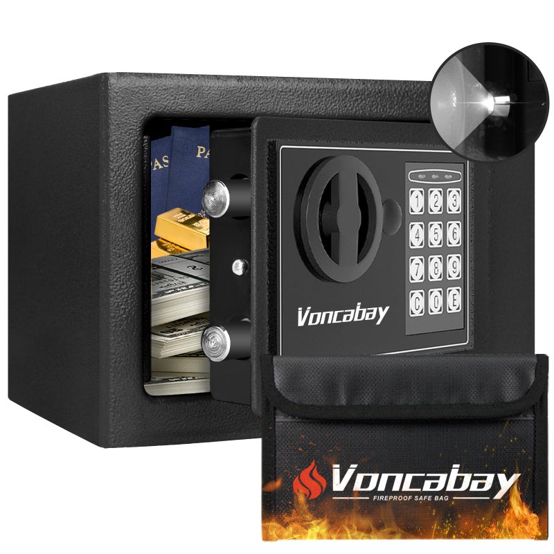 Voncabay Money Safe Box for Home with Sensor Light & Fireproof Money Bag - 0.23 Cubic Feet Security Safe Box with Digital Keypad, Keys & Pass Code Lock, 9.05" W x 6.69" D x 6.69" H, Black - Image 1