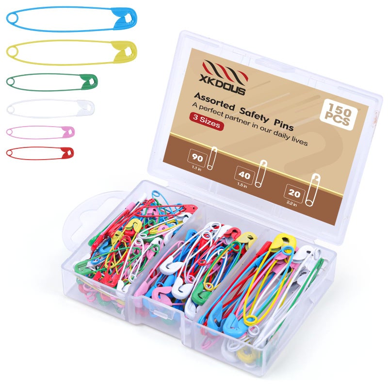 XKDOUS Safety Pins - 150 Pcs Assorted Sizes 6 Color Pins Bulk - Small & Large Heavy Duty for Clothes, Sewing, Craft - Image 1