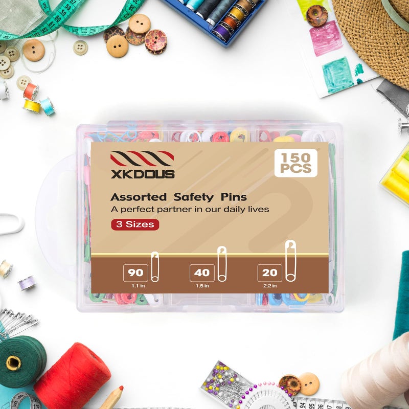 XKDOUS Safety Pins - 150 Pcs Assorted Sizes 6 Color Pins Bulk - Small & Large Heavy Duty for Clothes, Sewing, Craft - Image 3