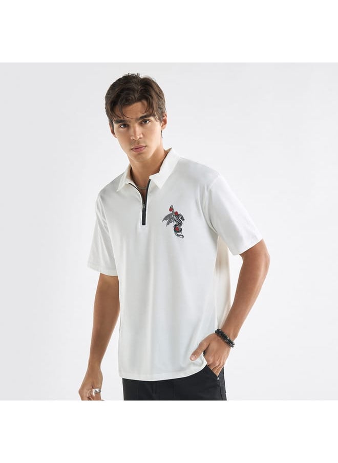FAV Typographic Print Polo T-shirt with Short Sleeves and Zip Closure  - Image 1