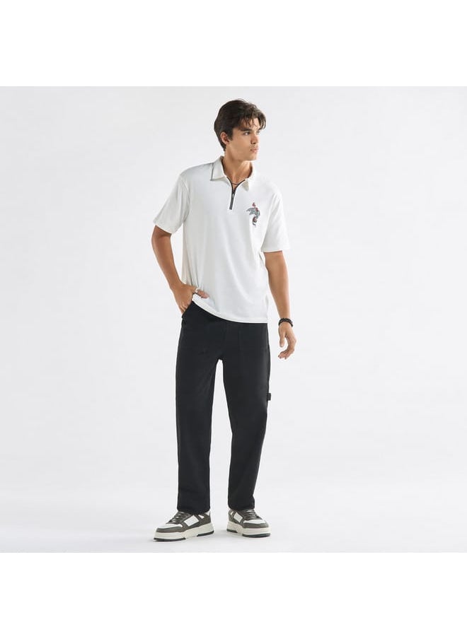 FAV Typographic Print Polo T-shirt with Short Sleeves and Zip Closure  - Image 2