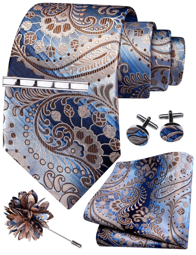 GUSLESON Blue Brown Tie Set for Men Paisley Wedding Silk Necktie Clip Pocket Square Cufflinks and Lapel Pin Brooch Set (5A01-52) - Image 1
