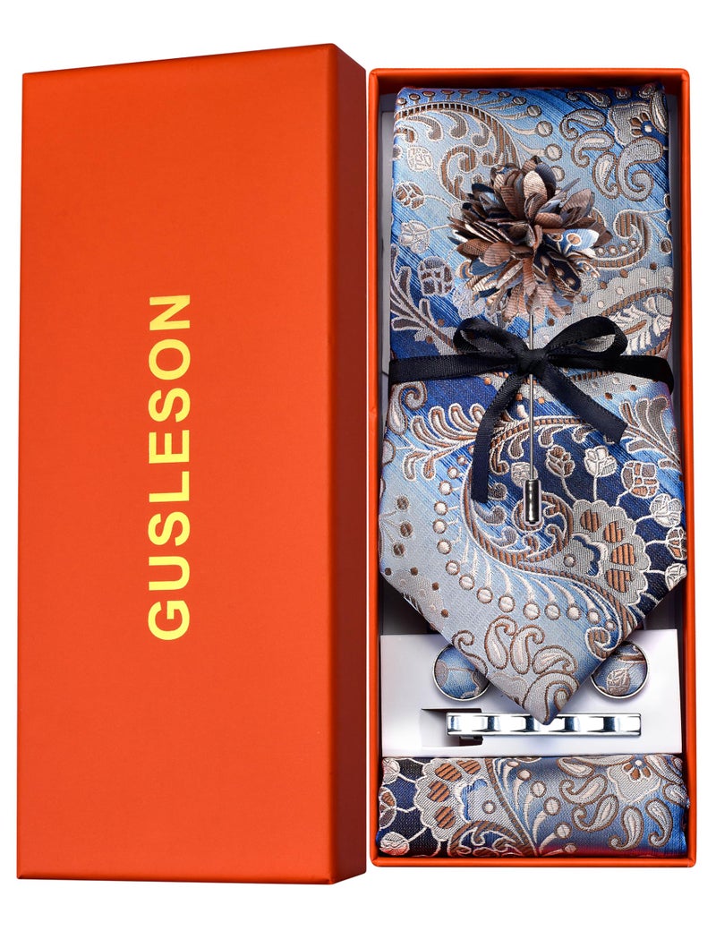 GUSLESON Blue Brown Tie Set for Men Paisley Wedding Silk Necktie Clip Pocket Square Cufflinks and Lapel Pin Brooch Set (5A01-52) - Image 2