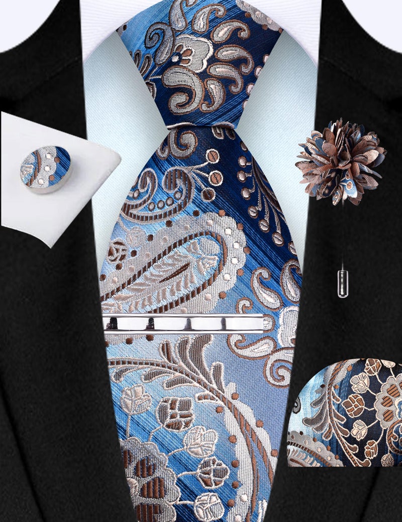 GUSLESON Blue Brown Tie Set for Men Paisley Wedding Silk Necktie Clip Pocket Square Cufflinks and Lapel Pin Brooch Set (5A01-52) - Image 3
