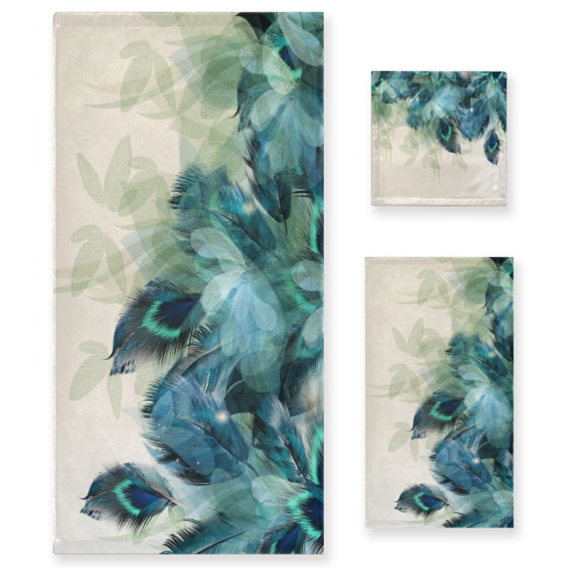 HATESAH Bath Towels SetSoft Absorbent Watercolor Peacock Feather Teal Turquoise Floral Green Leaf Print 3 Piece Bathroom Towels1 Bath Towel1 Hand Towel1 WashclothDecorative Towels for SpaGym