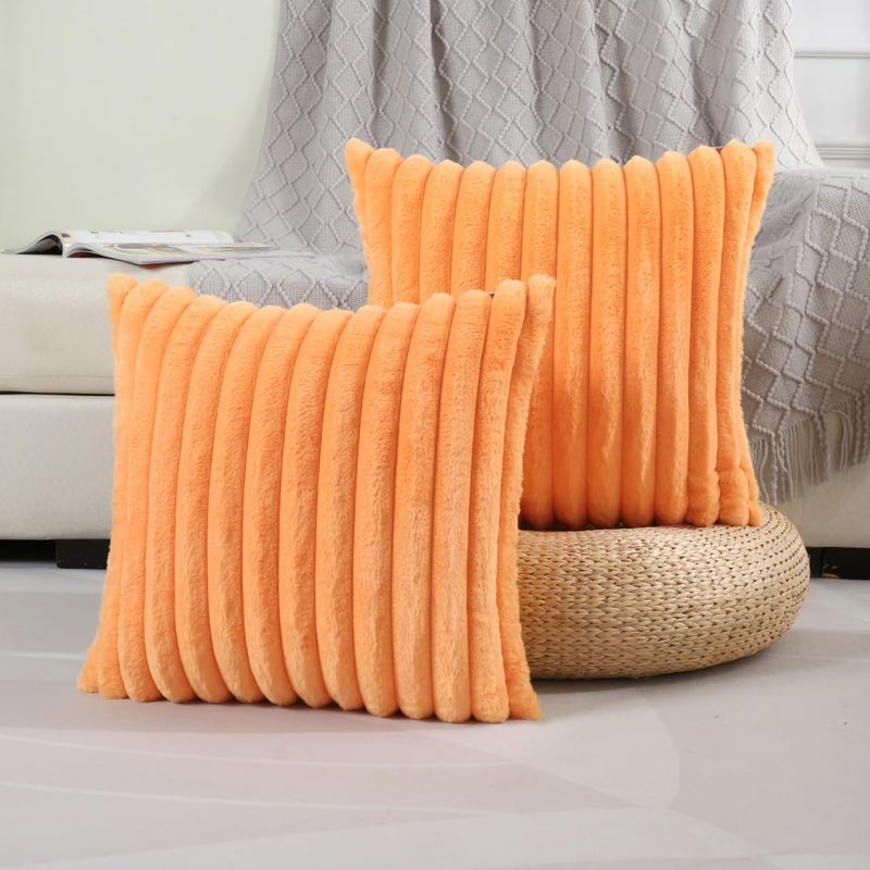Futei Orange مخططة مزخرفة وسادة أغطية وسادة 20x20 بوصة مجموعة من 2 مربع زخارف الزخارف أريكة وسادة ناعم دافئ فو ، فرو ، مخملية الظهر ديكور المنزل الحديثة للسرير - Image 1