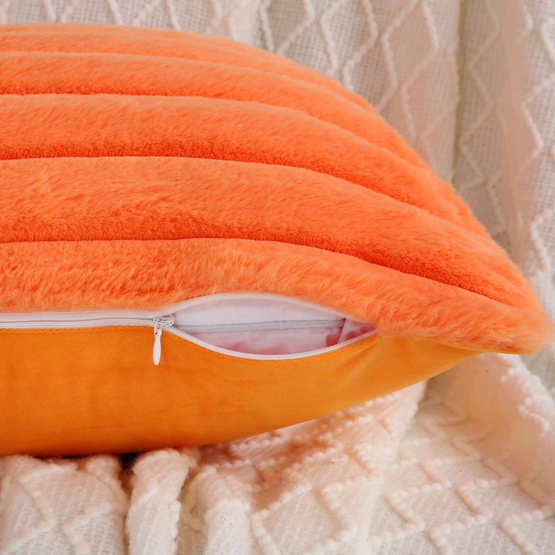 Futei Orange مخططة مزخرفة وسادة أغطية وسادة 20x20 بوصة مجموعة من 2 مربع زخارف الزخارف أريكة وسادة ناعم دافئ فو ، فرو ، مخملية الظهر ديكور المنزل الحديثة للسرير - Image 3