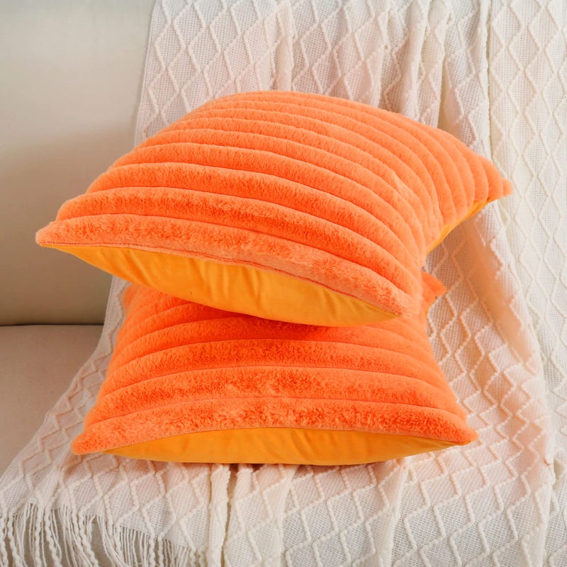 Futei Orange مخططة مزخرفة وسادة أغطية وسادة 20x20 بوصة مجموعة من 2 مربع زخارف الزخارف أريكة وسادة ناعم دافئ فو ، فرو ، مخملية الظهر ديكور المنزل الحديثة للسرير - Image 5