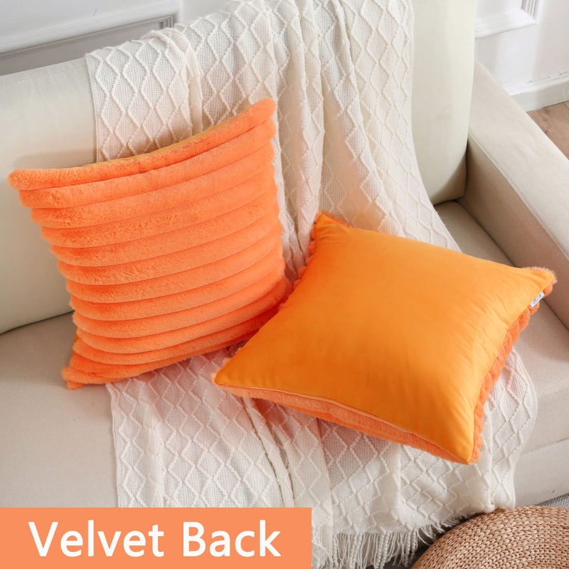 Futei Orange مخططة مزخرفة وسادة أغطية وسادة 20x20 بوصة مجموعة من 2 مربع زخارف الزخارف أريكة وسادة ناعم دافئ فو ، فرو ، مخملية الظهر ديكور المنزل الحديثة للسرير - Image 2