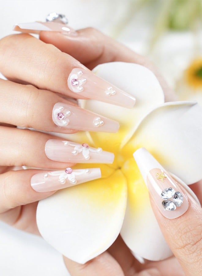 24 pieces press-on nail art patches, with nail tool kit, pink prints and diamonds, trapezoidal medium-length nail art patches, everyday versatile models, convenient patches, health and safety - Image 1