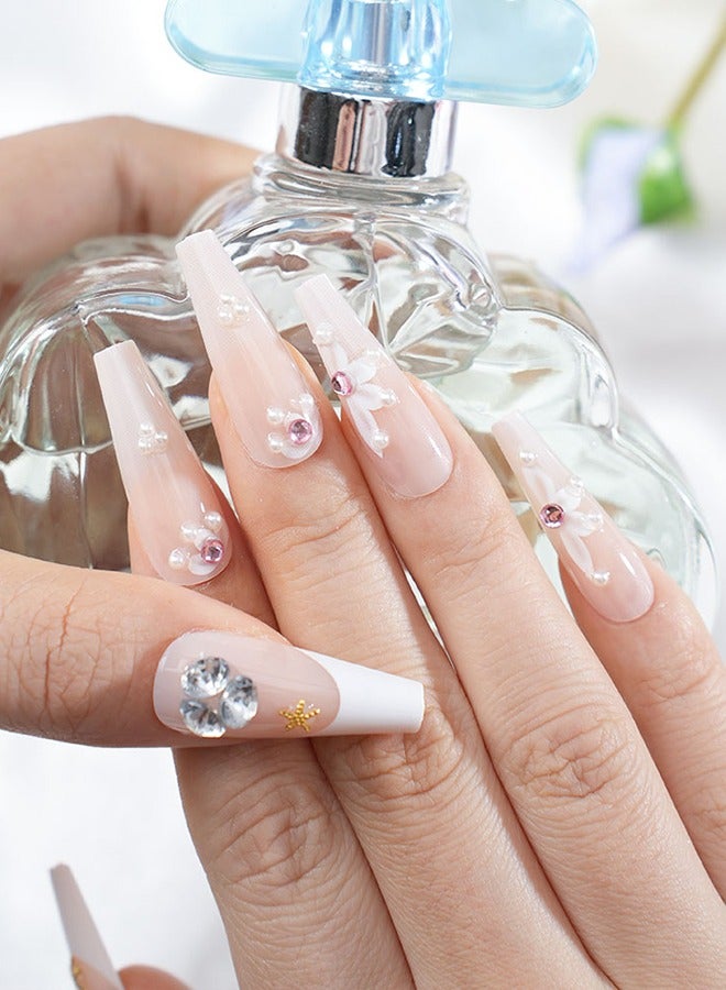 24 pieces press-on nail art patches, with nail tool kit, pink prints and diamonds, trapezoidal medium-length nail art patches, everyday versatile models, convenient patches, health and safety - Image 2