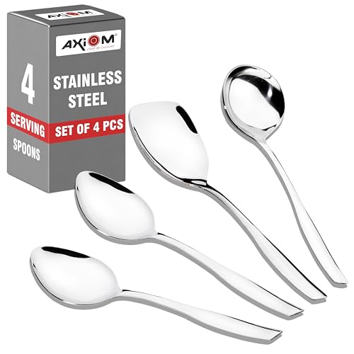 Axiom Serving Tools Stainless Steel 4 Piece Heavy Gauge Non-Stick Set of 1 Soup Ladle (Karchi), 2 Solid Spoon (Chamcha) and 1 Rice Spoon for Serving Soup/Curry/Dal/Rice/Pasta - 23 Cm - Image 1