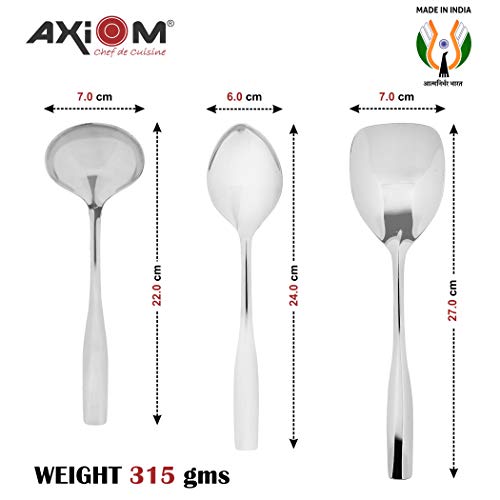 Axiom Serving Tools Stainless Steel 4 Piece Heavy Gauge Non-Stick Set of 1 Soup Ladle (Karchi), 2 Solid Spoon (Chamcha) and 1 Rice Spoon for Serving Soup/Curry/Dal/Rice/Pasta - 23 Cm - Image 4