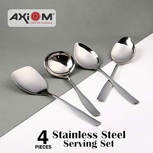 Axiom Serving Tools Stainless Steel 4 Piece Heavy Gauge Non-Stick Set of 1 Soup Ladle (Karchi), 2 Solid Spoon (Chamcha) and 1 Rice Spoon for Serving Soup/Curry/Dal/Rice/Pasta - 23 Cm - Image 2