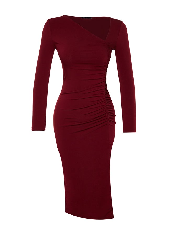 trendyol Burgundy Slit Asymmetric Collar Midi Knitted Dress TWOAW24EL00118  - Image 3