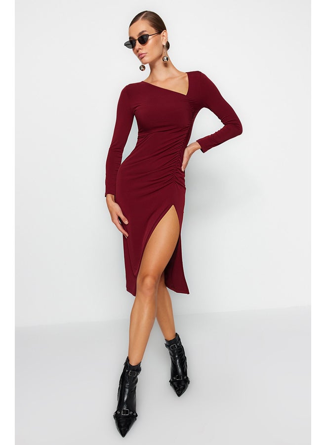 trendyol Burgundy Slit Asymmetric Collar Midi Knitted Dress TWOAW24EL00118  - Image 1