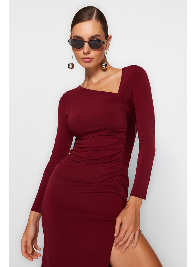 trendyol Burgundy Slit Asymmetric Collar Midi Knitted Dress TWOAW24EL00118  - Image 2