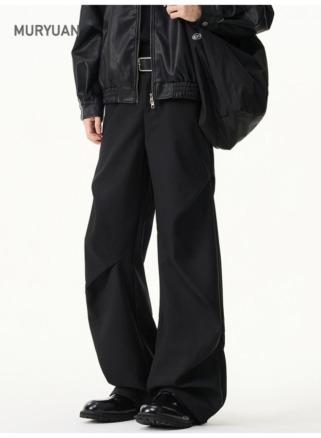 مو Mu Yuan ملابس رجالية شتاء خريف قطيفة Cleanfit بنطلون مطوي منسدل لزيادة الطول للرجال كاجوال فضفاض واسع الأرجل - Image 3