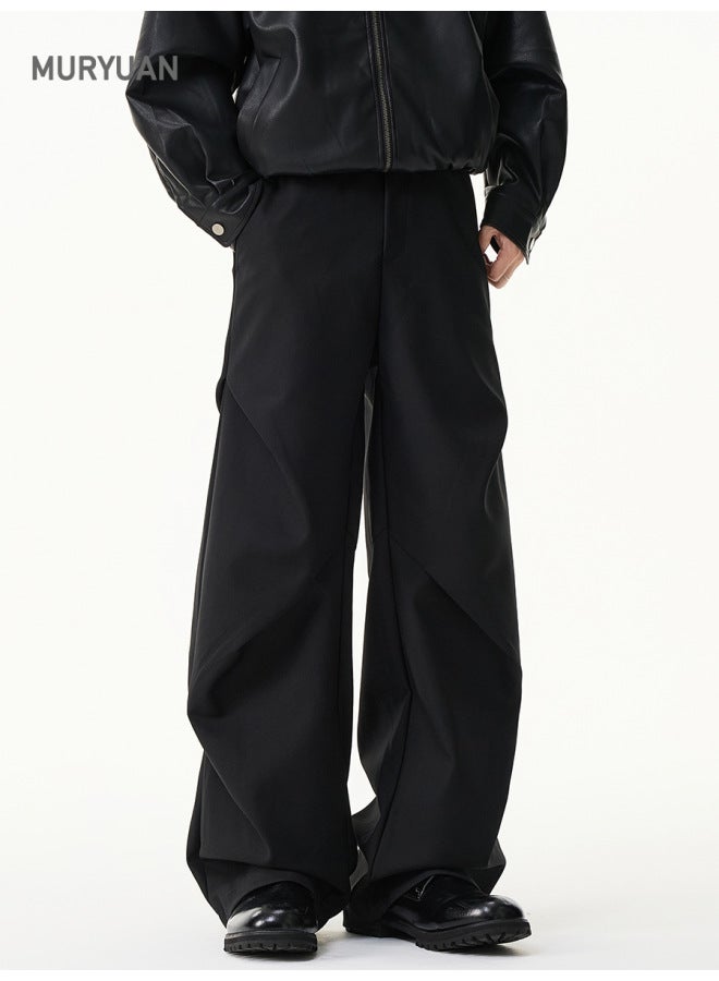 مو Mu Yuan ملابس رجالية شتاء خريف قطيفة Cleanfit بنطلون مطوي منسدل لزيادة الطول للرجال كاجوال فضفاض واسع الأرجل - Image 4