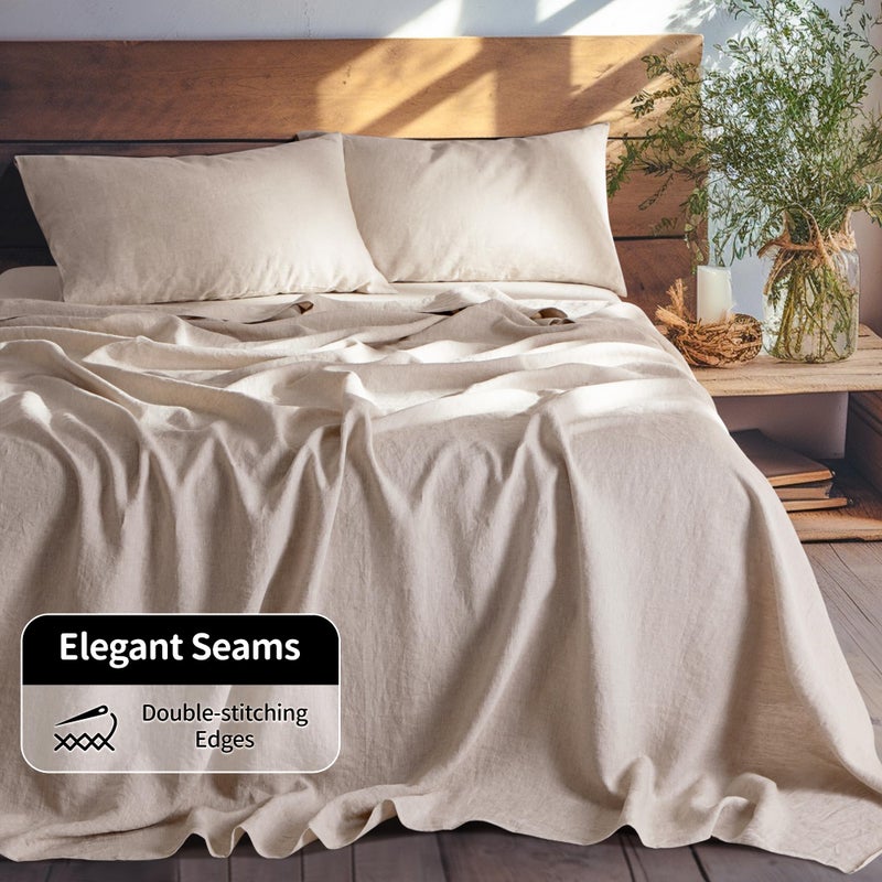 LBRO2M 100% Pure Linen Sheet Set Deep Pocket Up to 16" Bed Sheets Sets, Natural Flax Beddings Soft, Breathable, Comfortable for All Seasons 4 Pcs Sheet Set Queen Size, Linen - Image 2