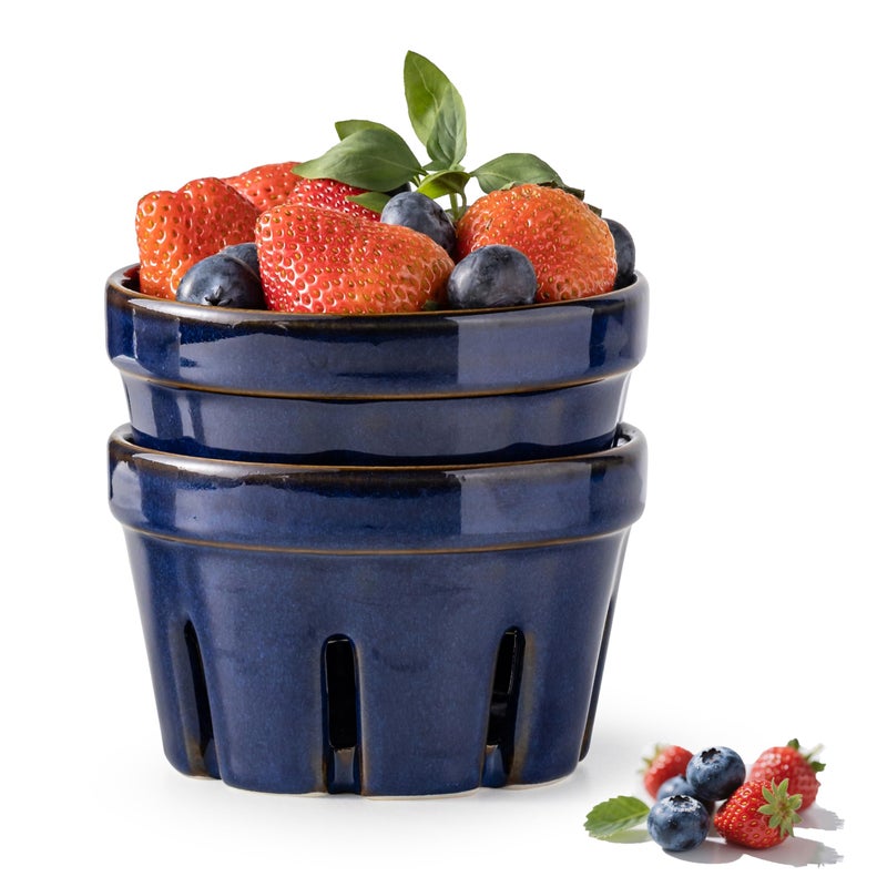 Gomakren Ceramic Fruit Basket Set of 2, Round Fruit Bowl with Holes, Fruit Storage Containers for Fridge, Small Berry Basket for Kitchen, Berries, Strawberry, Grape, Cherry - Cobalt Blue - Image 1