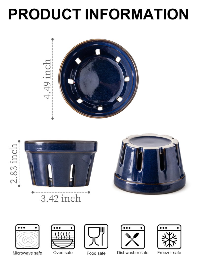 Gomakren Ceramic Fruit Basket Set of 2, Round Fruit Bowl with Holes, Fruit Storage Containers for Fridge, Small Berry Basket for Kitchen, Berries, Strawberry, Grape, Cherry - Cobalt Blue - Image 2