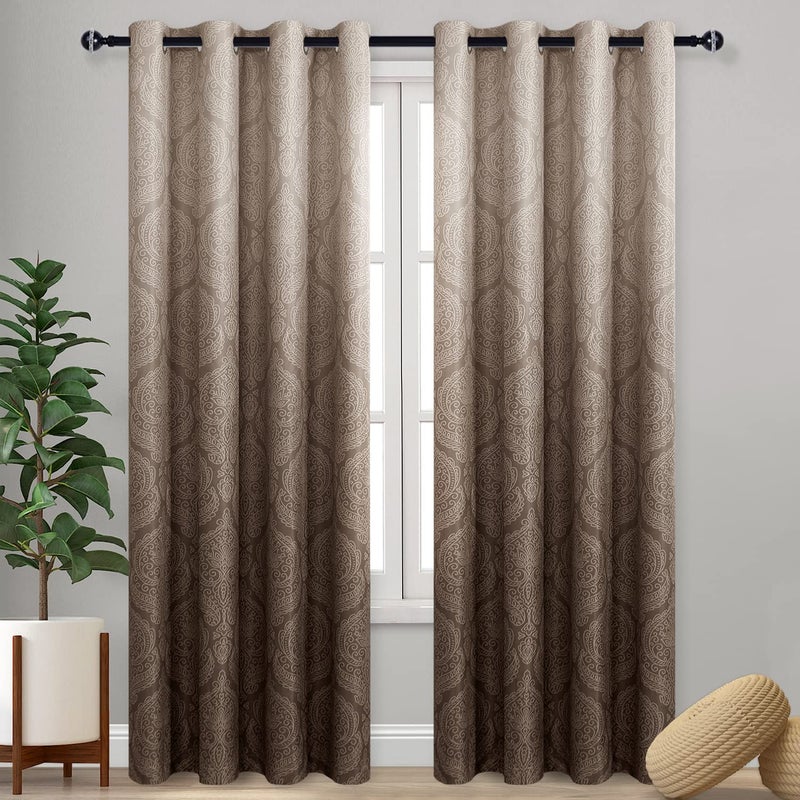 DWCN Ombre Blackout Curtains for Bedroom  Damask Patterned Thermal Insulated Energy Saving Grommet Curtains for Living Room Set of 2 Gradient Window Curtain Panels 52 x 96 Inches Long Brown