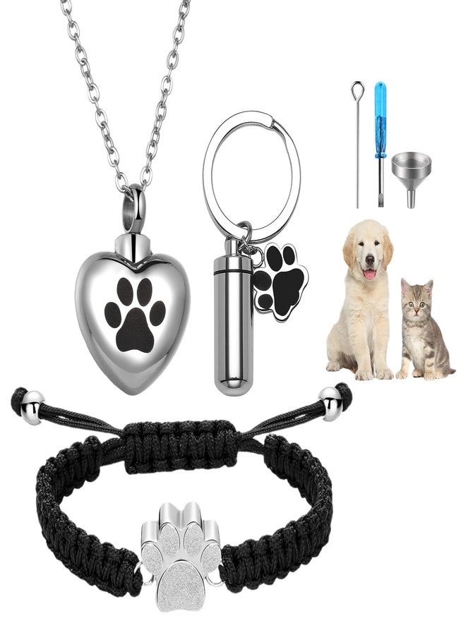 OIDEA 3 Pcs Pet Cremation Jewelry for Ashes: Paw Print Heart Urn Necklace Adjustable String Bracelet Urns Keychain Memorial Keepsake with Filling Kit for Cat & Dog Lover Sympathy Gifts - Image 1