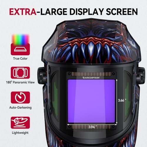 ARCCAPTAIN Auto Darkening Welding Helmet with Side View, 180° Panoramic View, 1/1/1/1 True Color Large Viewing Welding Hood with 4 Arc Sensor Solar Powered, Wide Shade 4/5-9/9-13 for TIG MIG ARC Cut - Image 3