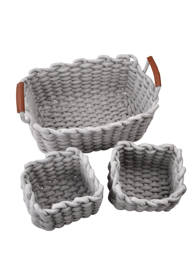 Excefore Cotton Rope Woven Storage Baskets, Cotton Rope Baskets Decorative Trays with Handle, Cotton Rope Baskets Decorative Trays for Storage and Organizing, Home Décor, Set of 3 - Image 1