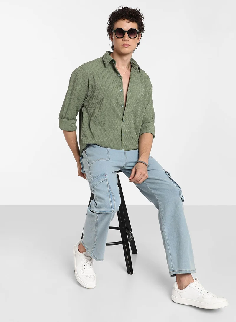 Campus Sutra Men's Fern Green Honeycomb-Textured Oversized Shirt