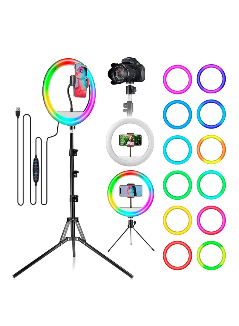 12" Selfie Ring Light, RGB Ring Lights with 63" Extendable Tripod Stand & Cell Phone Holder for Live Stream, LED Selfie Light 10 Brightness, Wireless Remote for iPhone & Android Phone - Image 1