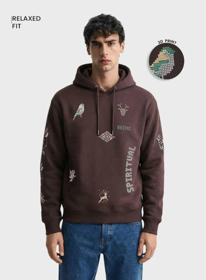 ذا انديان كراج كو Men Relaxed Fit Embroided Crew Neck Full Sleeves Overhead Hooded Sweatshirt